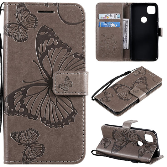 Für Google Pixel 4A 3D Schmetterlinge Prägung Muster Horizontal Flip Lederhülle mit Halter & Kartensteckplatz & Geldbörse & Lanyard(Grau)