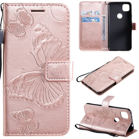 Für Google Pixel 4A 3D Schmetterlinge Präge Muster Horizontal Flip Lederhülle mit Halter & Kartensteckplatz & Geldbörse & Lanyard (Rosen Gold)