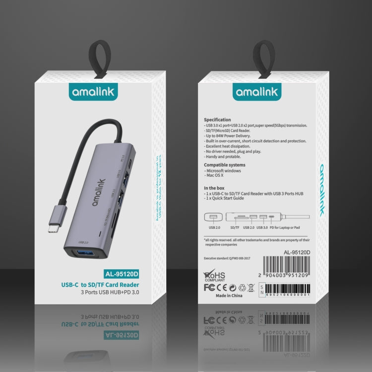 Sandsberg | amalink 95120D Typ-C / USB-C zu SD/TF + 3 Ports USB + PD 3.0 Multi-Funktions HUB (Grau)
