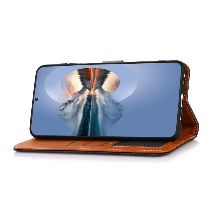 Für Google Pixel 6a KHAZNEH Dual-Color Rindsleder Textur Horizontal Flip Leder Handyhülle (Schwarz)