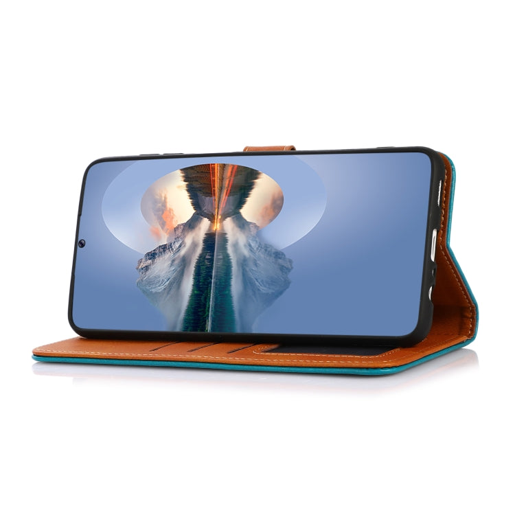 Für Google Pixel 6a KHAZNEH Dual-Color Rindsleder Textur Horizontale Flip-Leder Handyhülle (Blau)