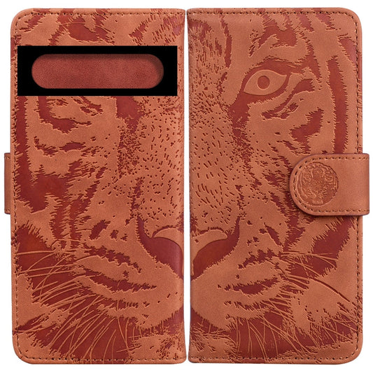Für Google Pixel 7 Pro 5G Tiger Prägungsmuster Horizontal Flip Leder Handyhülle (Braun)