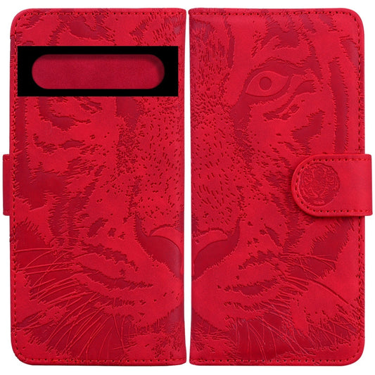 Für Google Pixel 7 Pro 5G Tiger Prägungsmuster Horizontal Flip Leder Handyhülle (Rot)