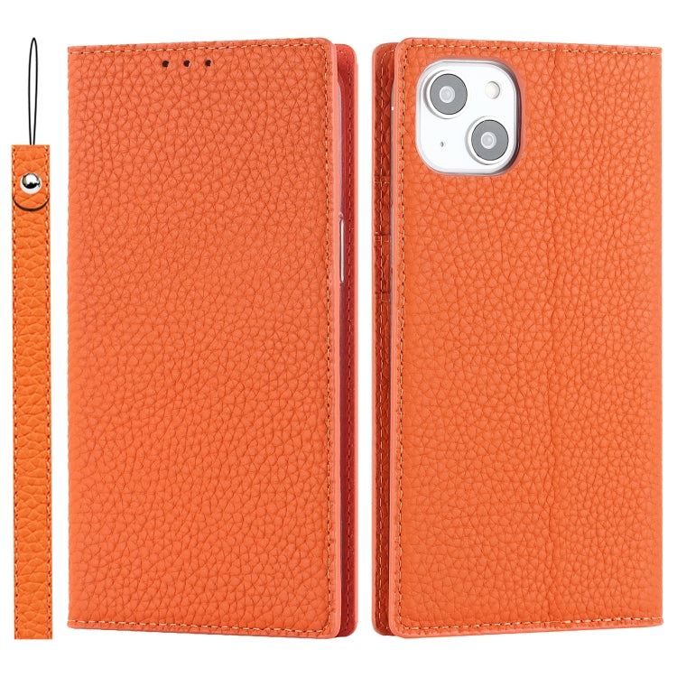 Für iPhone 14 Litchi-Textur Echtes Leder Handyhülle (Orange)