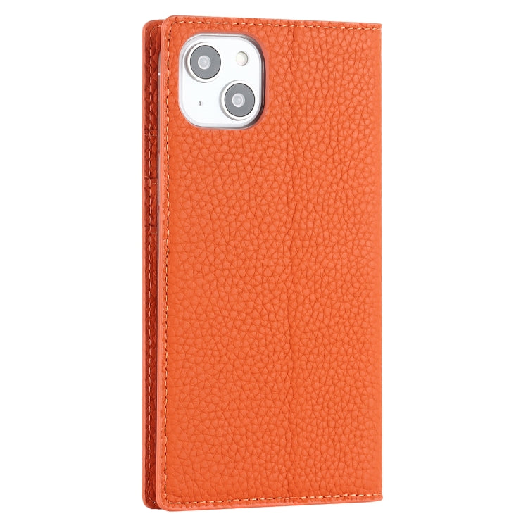 Für iPhone 14 Litchi-Textur Echtes Leder Handyhülle (Orange)