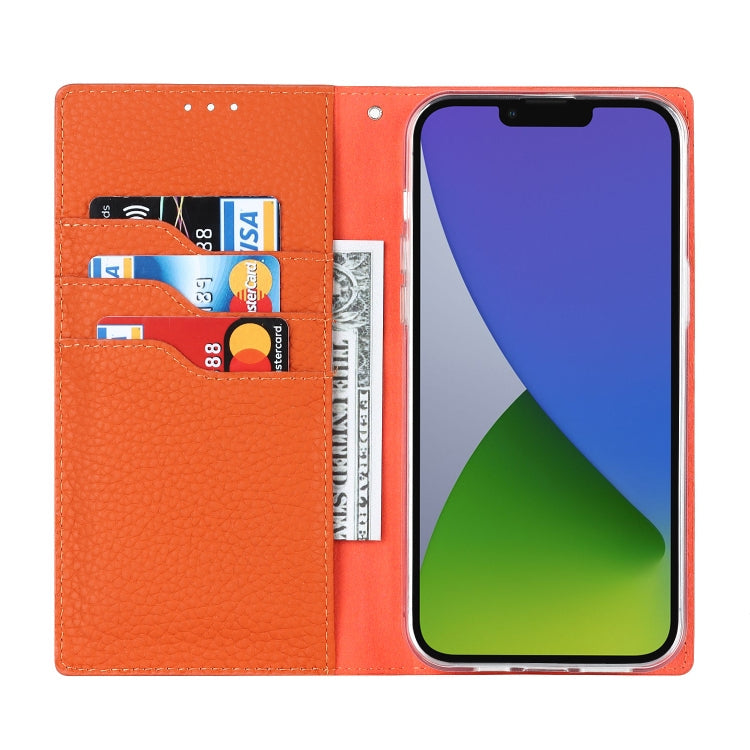 Für iPhone 14 Litchi-Textur Echtes Leder Handyhülle (Orange)