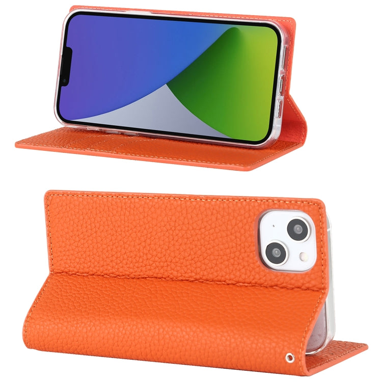 Für iPhone 14 Litchi-Textur Echtes Leder Handyhülle (Orange)