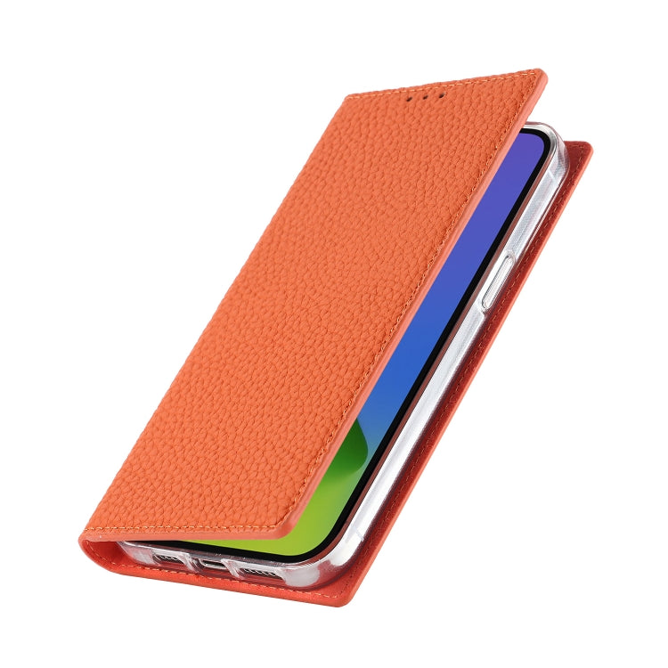 Für iPhone 14 Litchi-Textur Echtes Leder Handyhülle (Orange)
