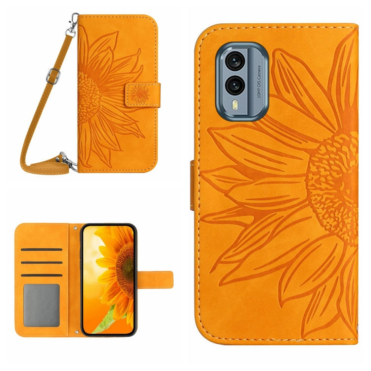 Sandsberg | Für Nokia X30 HT04 Haut Gefühl Sonnenblume Prägung Flip Leder Handyhülle mit Halsband (Gelb)