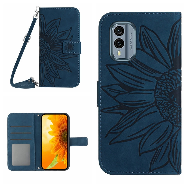 Sandsberg | Für Nokia X30 HT04 Haut Gefühl Sonnenblume Prägung Flip Leder Handyhülle mit Halsband (Tintenblau)
