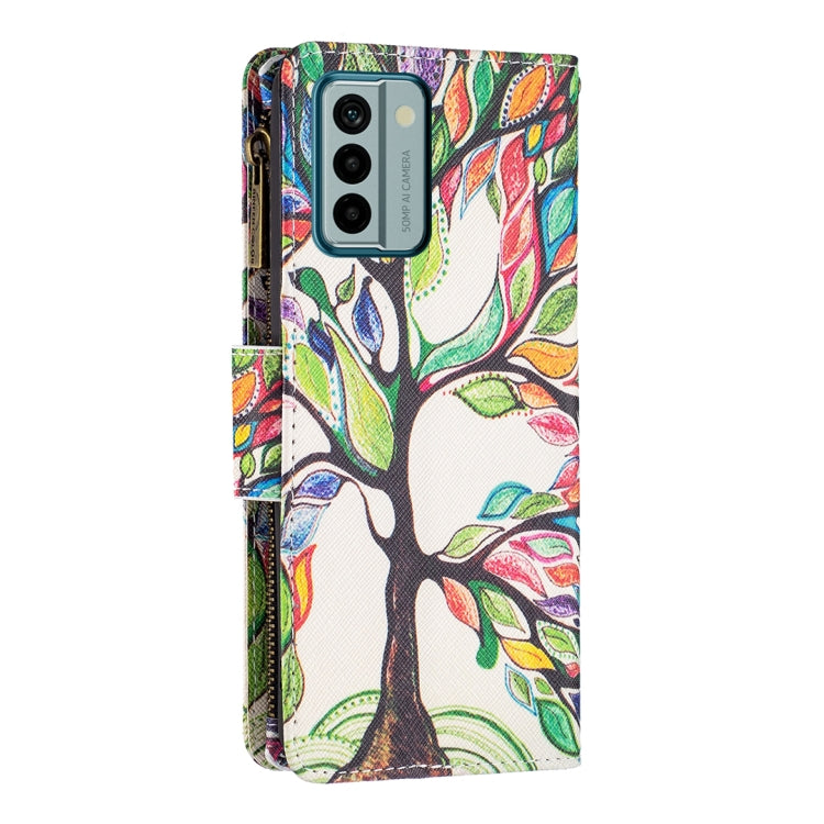 Sandsberg | Für Nokia G22 Bunte Zeichenmuster Reißverschluss Leder Handyhülle (Großer Baum)