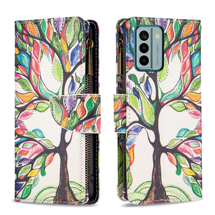 Sandsberg | Für Nokia G22 Bunte Zeichenmuster Reißverschluss Leder Handyhülle (Großer Baum)