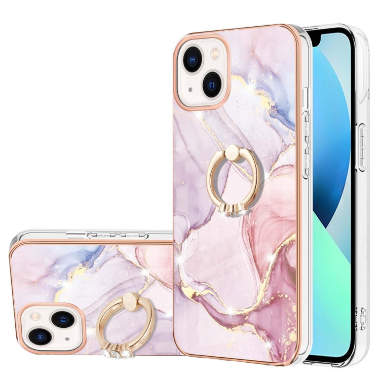 Für iPhone 15 Plus Electroplating Marmor Muster IMD TPU Stoßsichere Hülle mit Ringhalter (Roségold 005)