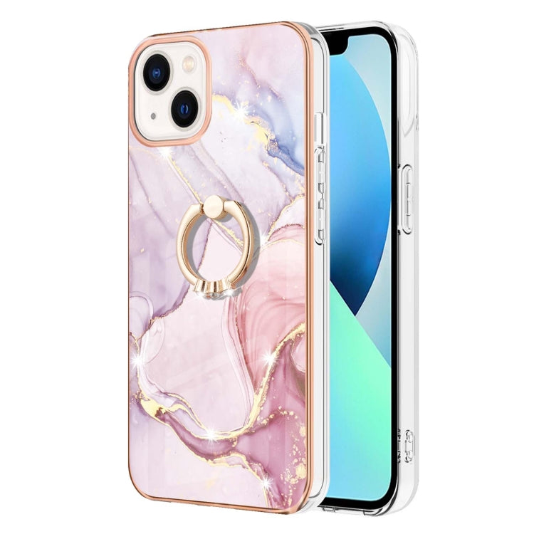 Für iPhone 15 Plus Electroplating Marmor Muster IMD TPU Stoßsichere Hülle mit Ringhalter (Roségold 005)