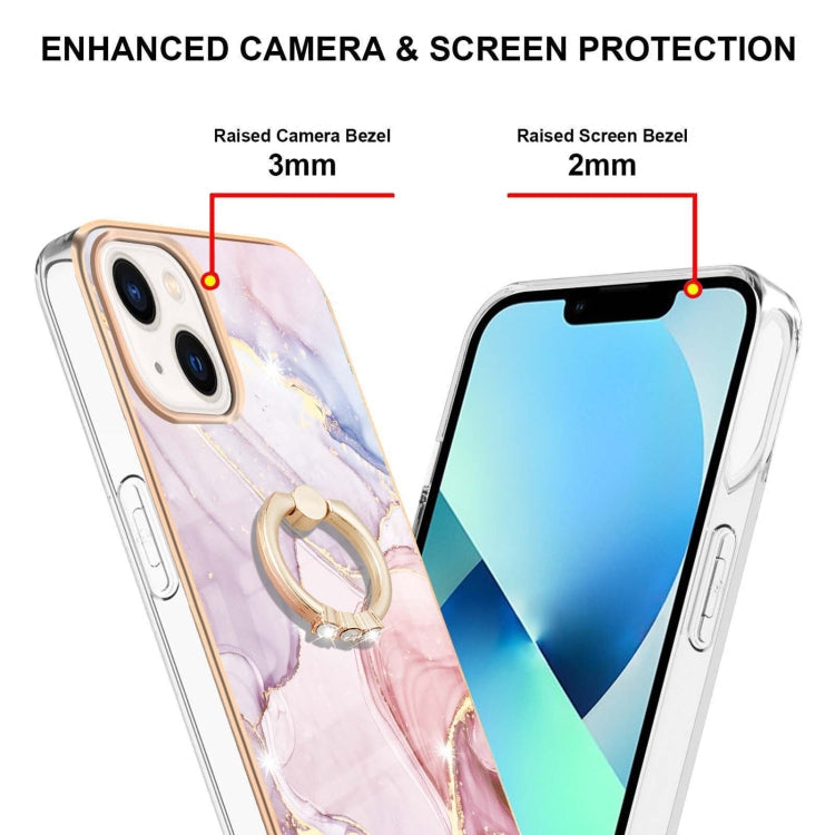 Für iPhone 15 Plus Electroplating Marmor Muster IMD TPU Stoßsichere Hülle mit Ringhalter (Roségold 005)
