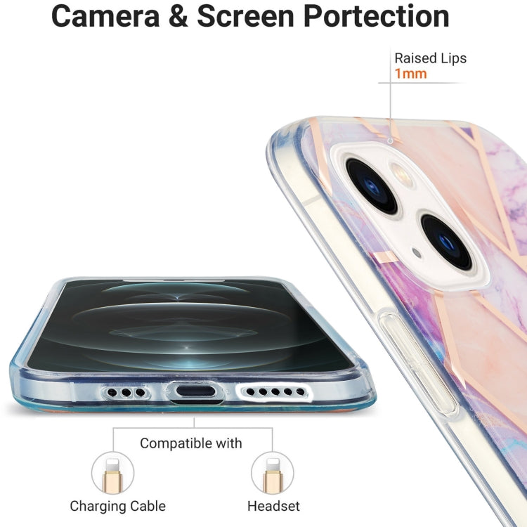 Für iPhone 15 Plus Elektroplating Splicing Marmor Blume Muster Dual-Seite IMD TPU Schockschutz Handyhülle (Helllila)