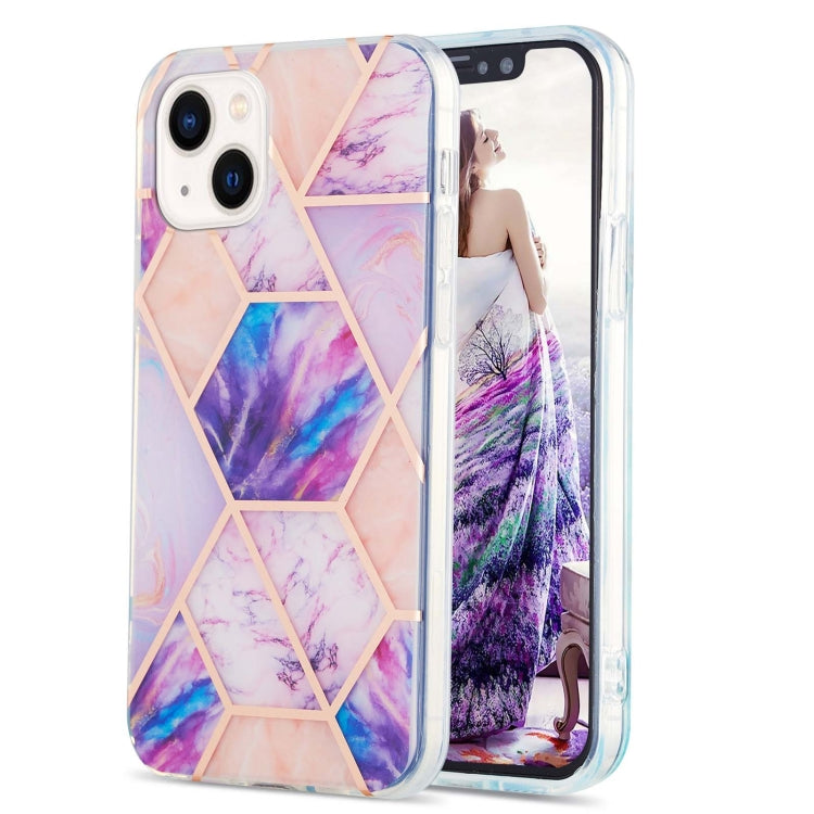 Für iPhone 15 Plus Elektroplating Splicing Marmor Blume Muster Dual-Seite IMD TPU Schockschutz Handyhülle (Helllila)