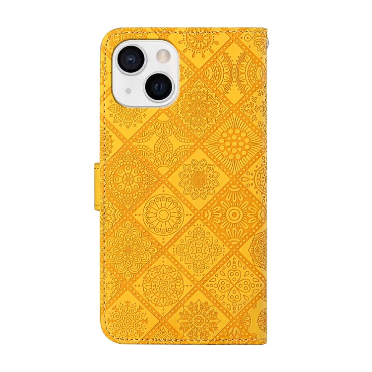 Für iPhone 15 Plus Ethno-Stil Prägungsmuster Leder Handyhülle (Gelb)