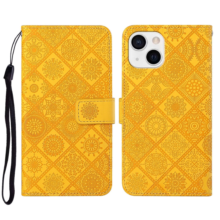 Für iPhone 15 Plus Ethno-Stil Prägungsmuster Leder Handyhülle (Gelb)