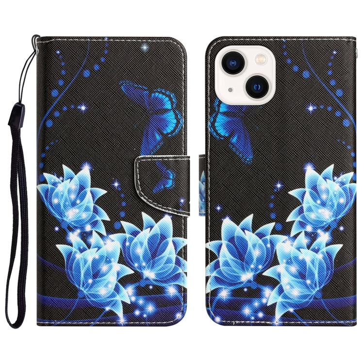 Für iPhone 15 Plus Farbige Zeichnung Leder Handyhülle (Blaue Schmetterling)