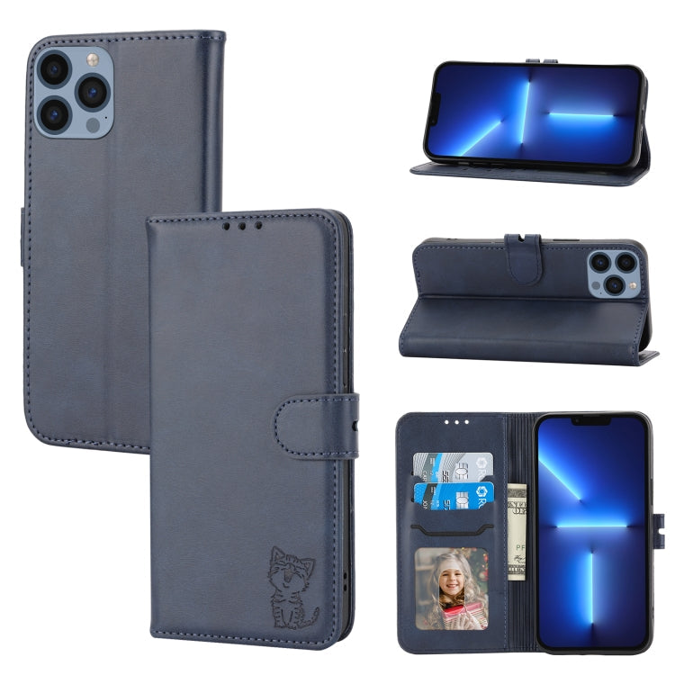 Sandsberg | Für iPhone 15 Pro Max Prägung Happy Cat Muster Flip Leder Handyhülle (Blau)