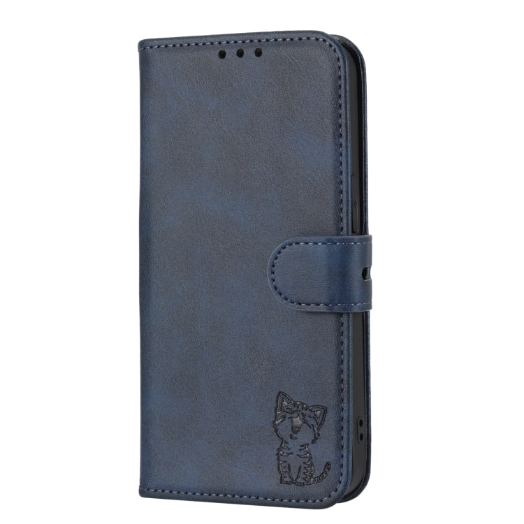 Sandsberg | Für iPhone 15 Pro Max Prägung Happy Cat Muster Flip Leder Handyhülle (Blau)