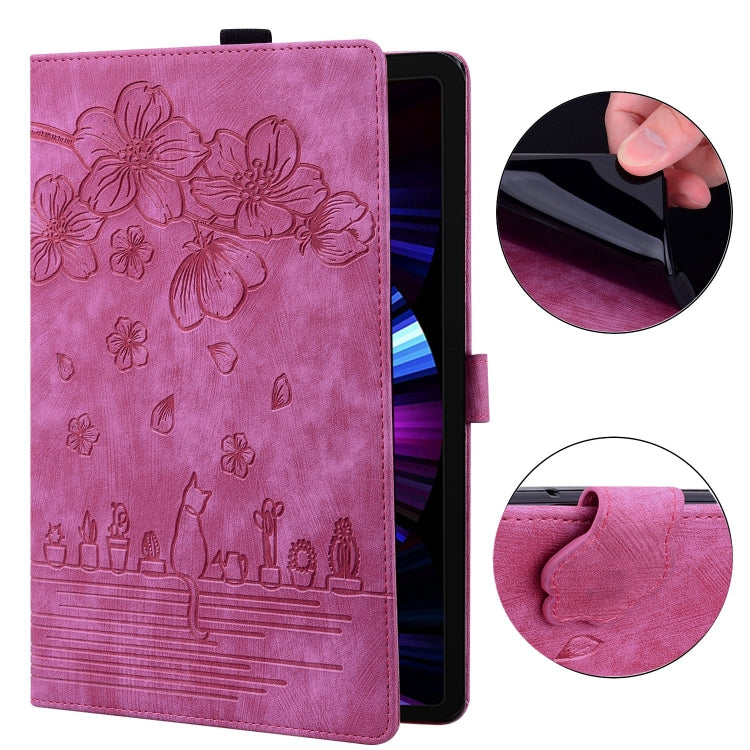 Sandsberg | Für Lenovo Tab P11 TB-J606F Cartoon Sakura Katze Prägung Leder Tablet Hülle (Rosa Rot)