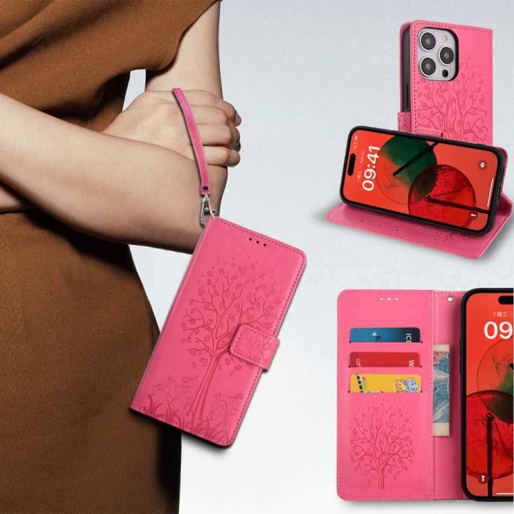 Sandsberg | Für Nokia G42 5G Baum & Hirsch Prägung Leder Handyhülle (Rosa)