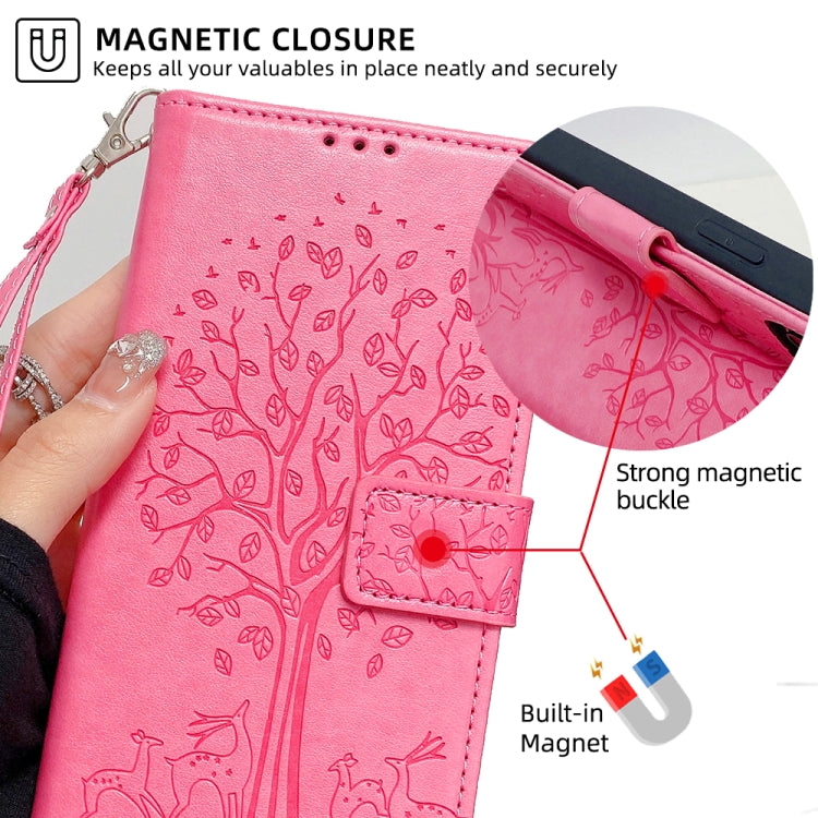 Sandsberg | Für Nokia G42 5G Baum & Hirsch Prägung Leder Handyhülle (Rosa)