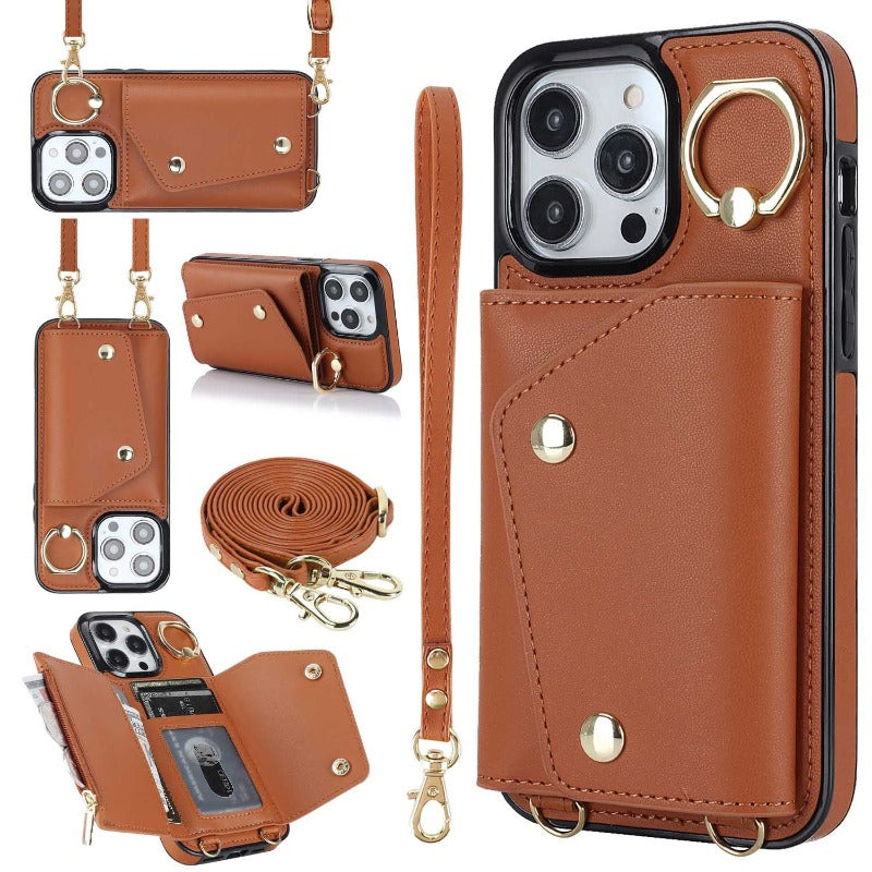 Leder-Telefon-Kasten mit Halter Lanyard Wallet Crossbody für iPhone