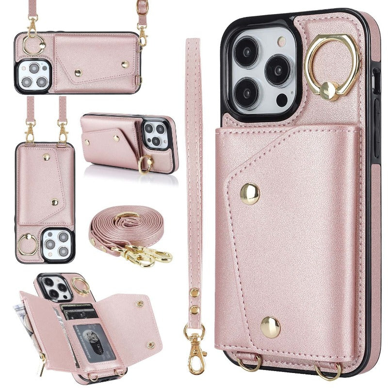 Leder-Telefon-Kasten mit Halter Lanyard Wallet Crossbody für iPhone