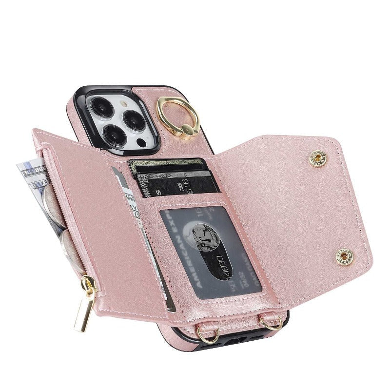 Leder-Telefon-Kasten mit Halter Lanyard Wallet Crossbody für iPhone