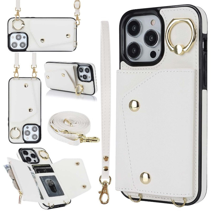 Leder-Telefon-Kasten mit Halter Lanyard Wallet Crossbody für iPhone