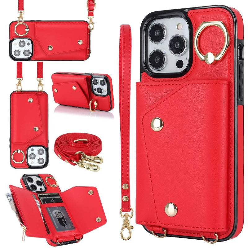 Leder-Telefon-Kasten mit Halter Lanyard Wallet Crossbody für iPhone