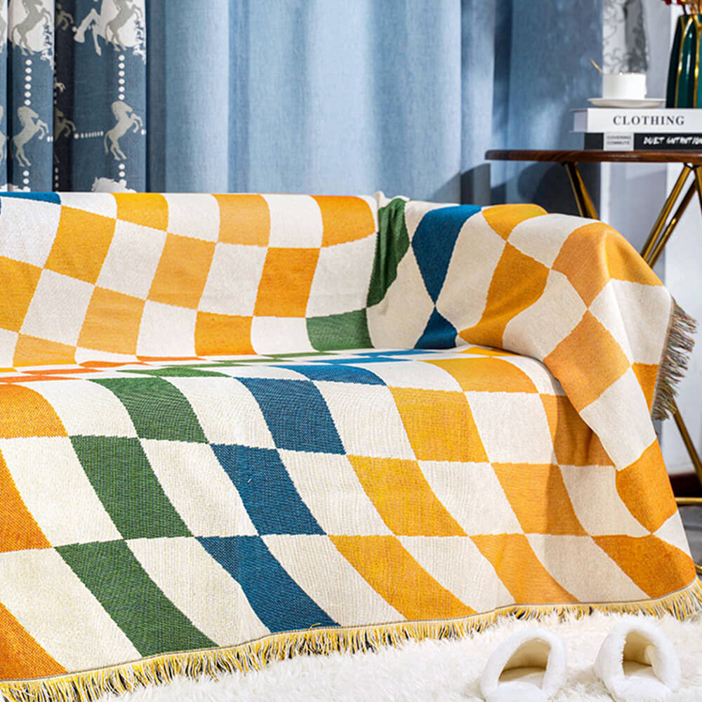 Farbblock-Checkermuster multifunktionale Sofa-Decke anti-Kratzer Couchbezug