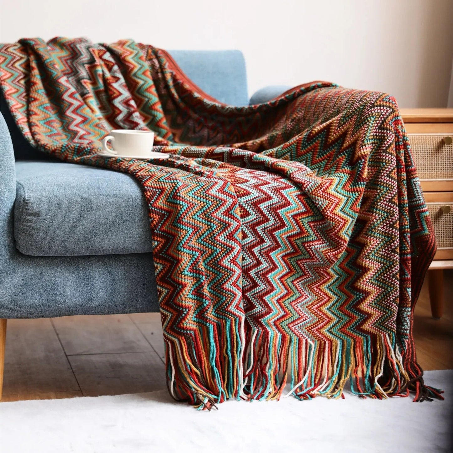 Gestrickte Pashmina-Überwurfdecke mit Quasten im Böhmen-Stil