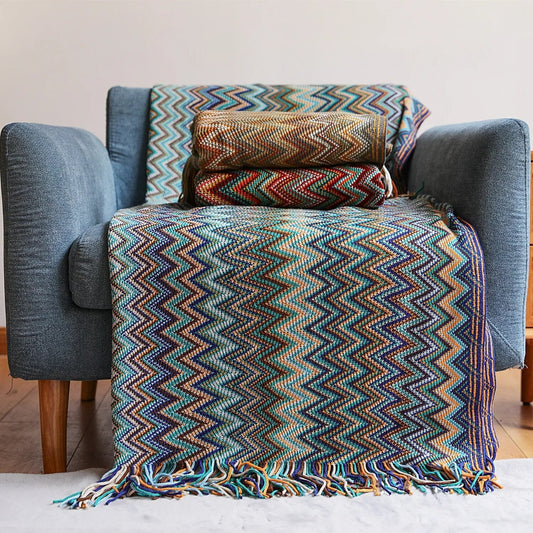 Gestrickte Pashmina-Überwurfdecke mit Quasten im Böhmen-Stil