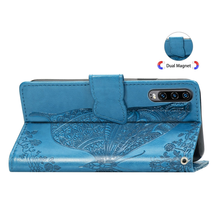 Sandsberg | Butterfly Love Flowers Prägung Horizontal Flip Lederhülle für Huawei P30, mit Halter & Kartenfächern & Geldbörse & Lanyard (Blau)