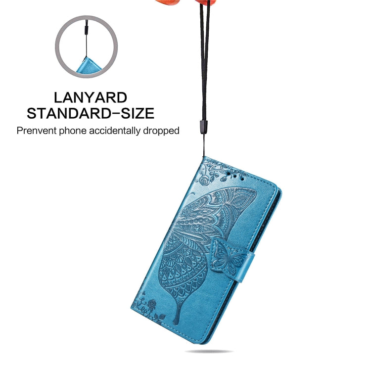 Sandsberg | Butterfly Love Flowers Prägung Horizontal Flip Lederhülle für Huawei P30, mit Halter & Kartenfächern & Geldbörse & Lanyard (Blau)