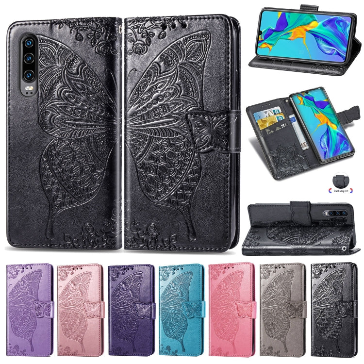 Sandsberg | Butterfly Love Flowers Prägung Horizontal Flip Lederhülle für Huawei P30, mit Halter & Kartenfächern & Geldbörse & Lanyard (Blau)