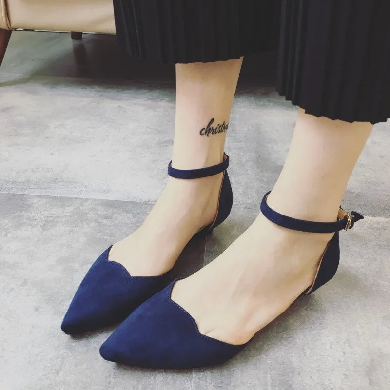 Frauen Schnalle Riemen Niedrig Absätze Pumps Spitz Zehe Flock D'Orsay Absätze Schuhe Einzelschuh Blau