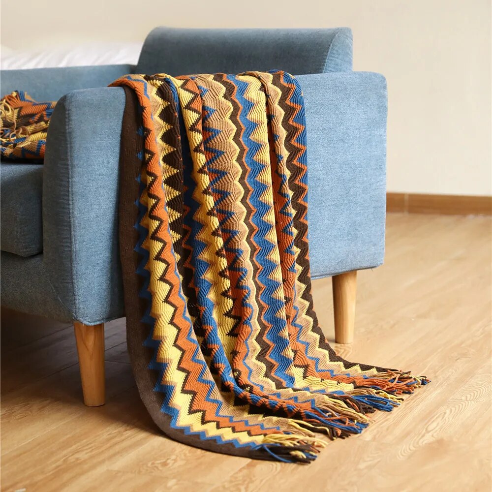Gestrickte Pashmina-Überwurfdecke mit Quasten im Böhmen-Stil