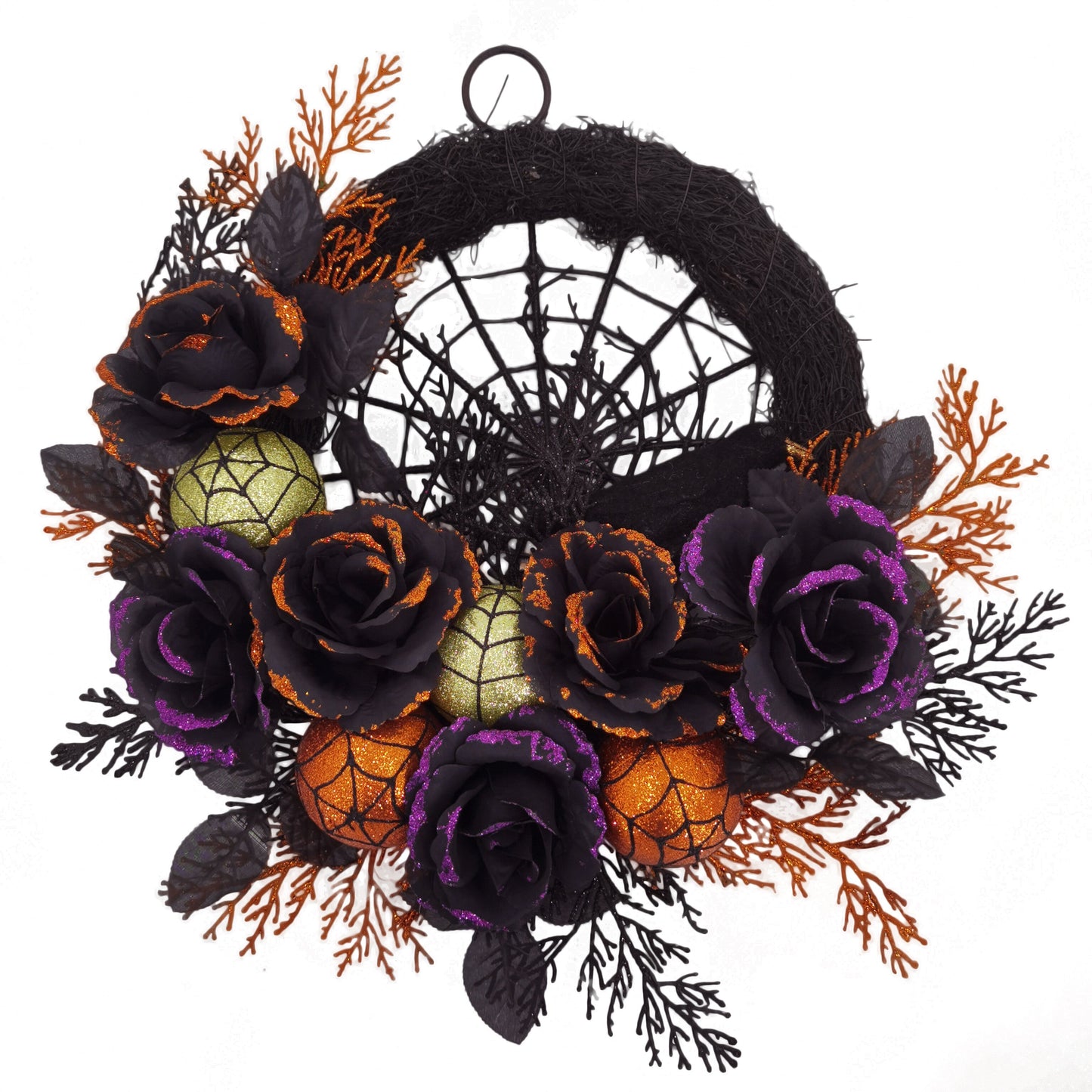 Sandsberg | Halloween Gothic Floral Wreath - Schwarze Rosen & Spinnennetz Türdekoration mit Glitzerakzenten