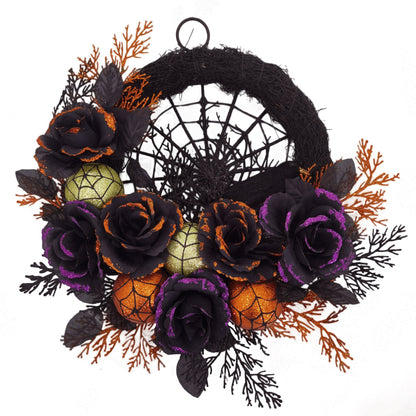 Sandsberg | Halloween Gothic Floral Wreath - Schwarze Rosen & Spinnennetz Türdekoration mit Glitzerakzenten