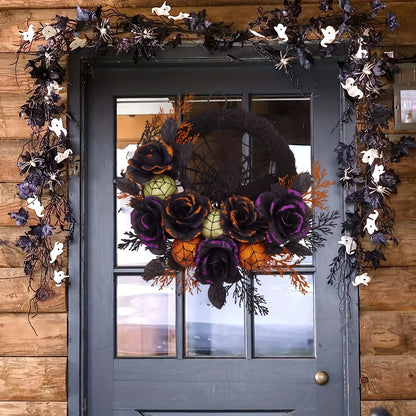 Sandsberg | Halloween Gothic Floral Wreath - Schwarze Rosen & Spinnennetz Türdekoration mit Glitzerakzenten