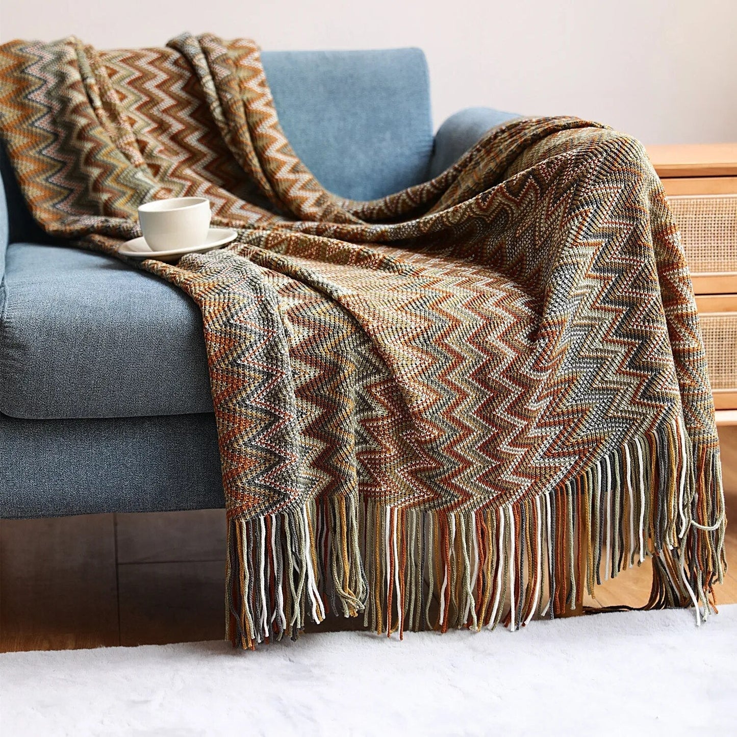 Gestrickte Pashmina-Überwurfdecke mit Quasten im Böhmen-Stil