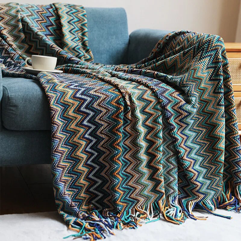 Gestrickte Pashmina-Überwurfdecke mit Quasten im Böhmen-Stil