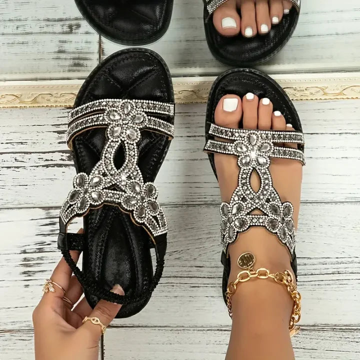 Schicke florale Strass flache Sandalen