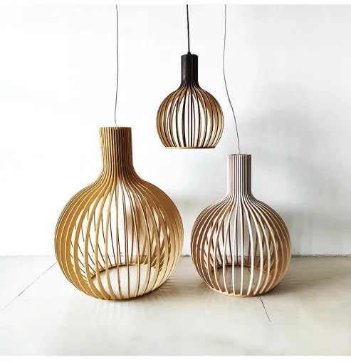 Nordic wooden birdcage lamp, Japanese creative hanging wooden lamp