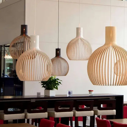 Nordic wooden birdcage lamp, Japanese creative hanging wooden lamp